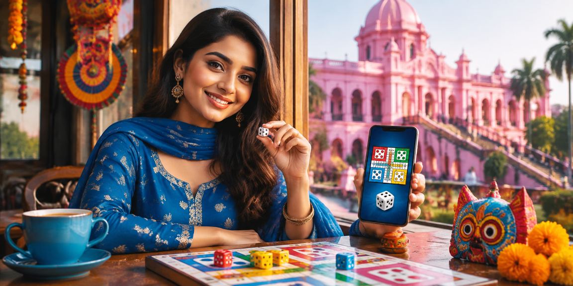ঢাকায় সালোয়ার কামিজ পরা একজন খেলোয়াড় মোবাইলে 1893 ডাইস গেম খেলছেন